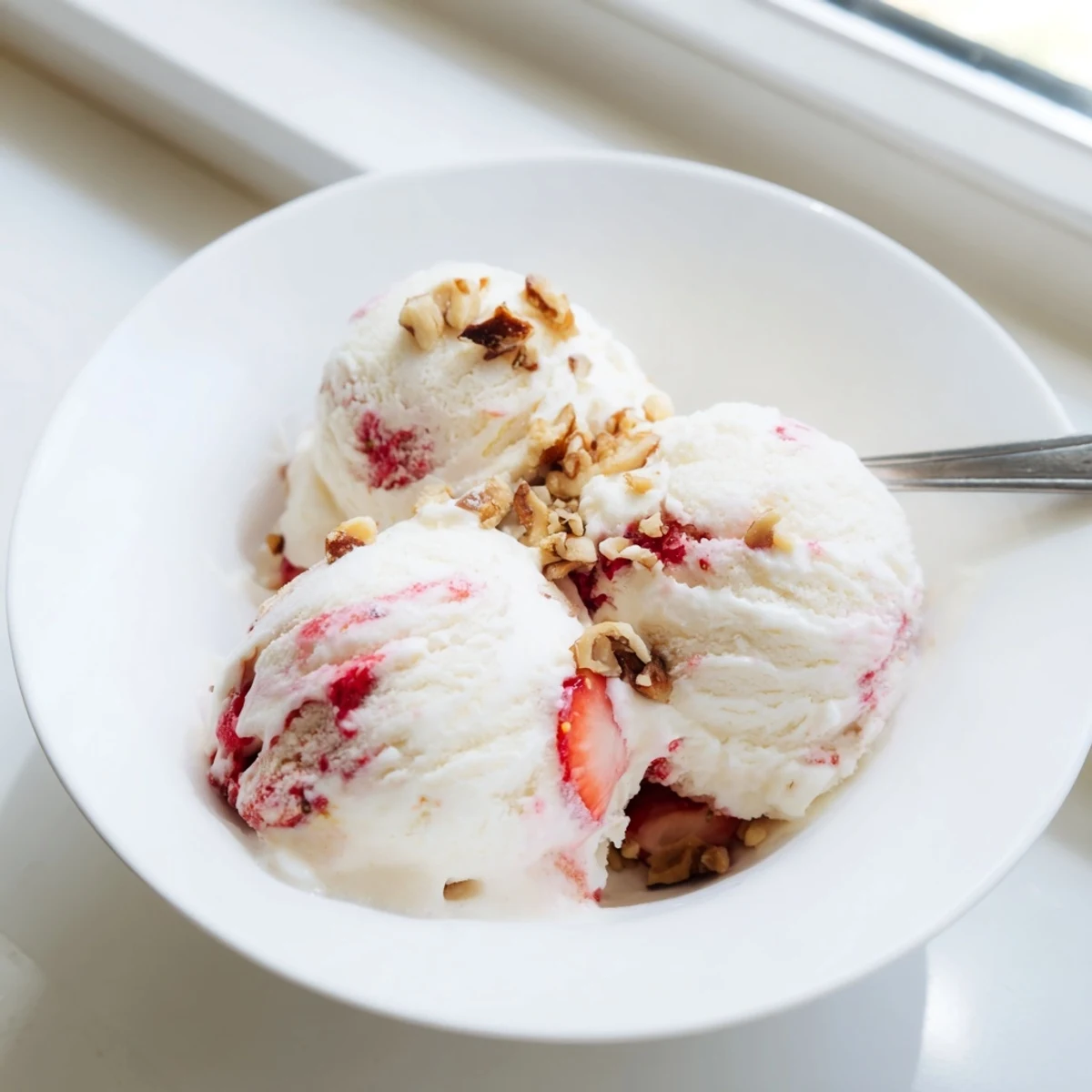 This vibrant photo showcases a bowl of cottage cheese ice cream, ready to be enjoyed as a cool dessert.