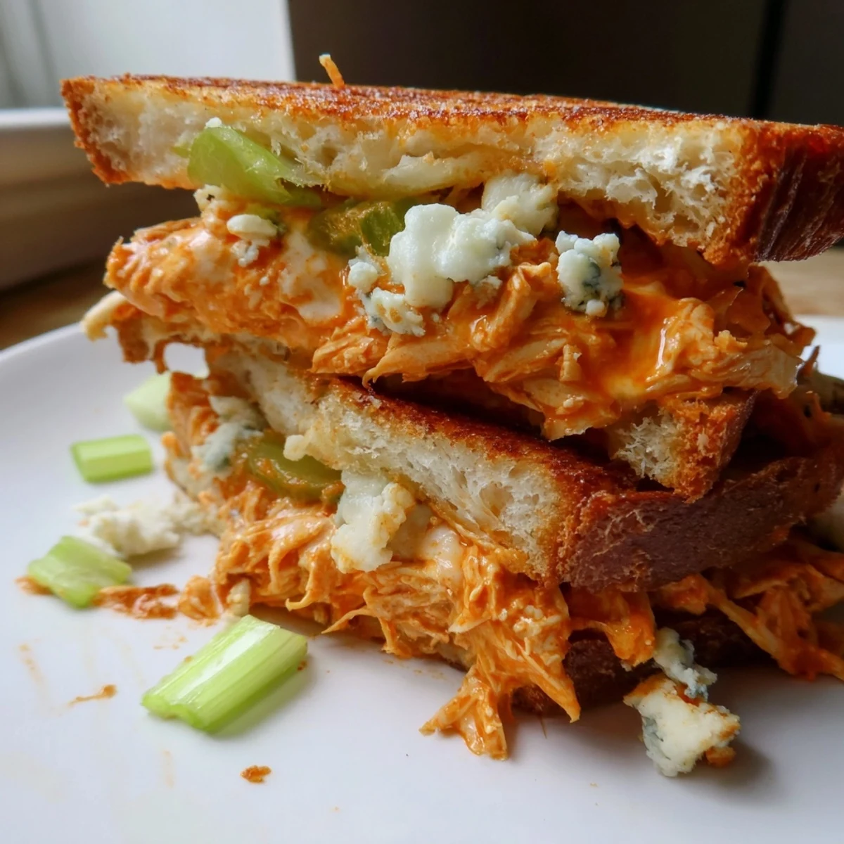 Golden, gooey Buffalo Chicken Grilled Cheese, overflowing with melted cheese and spicy chicken filling.