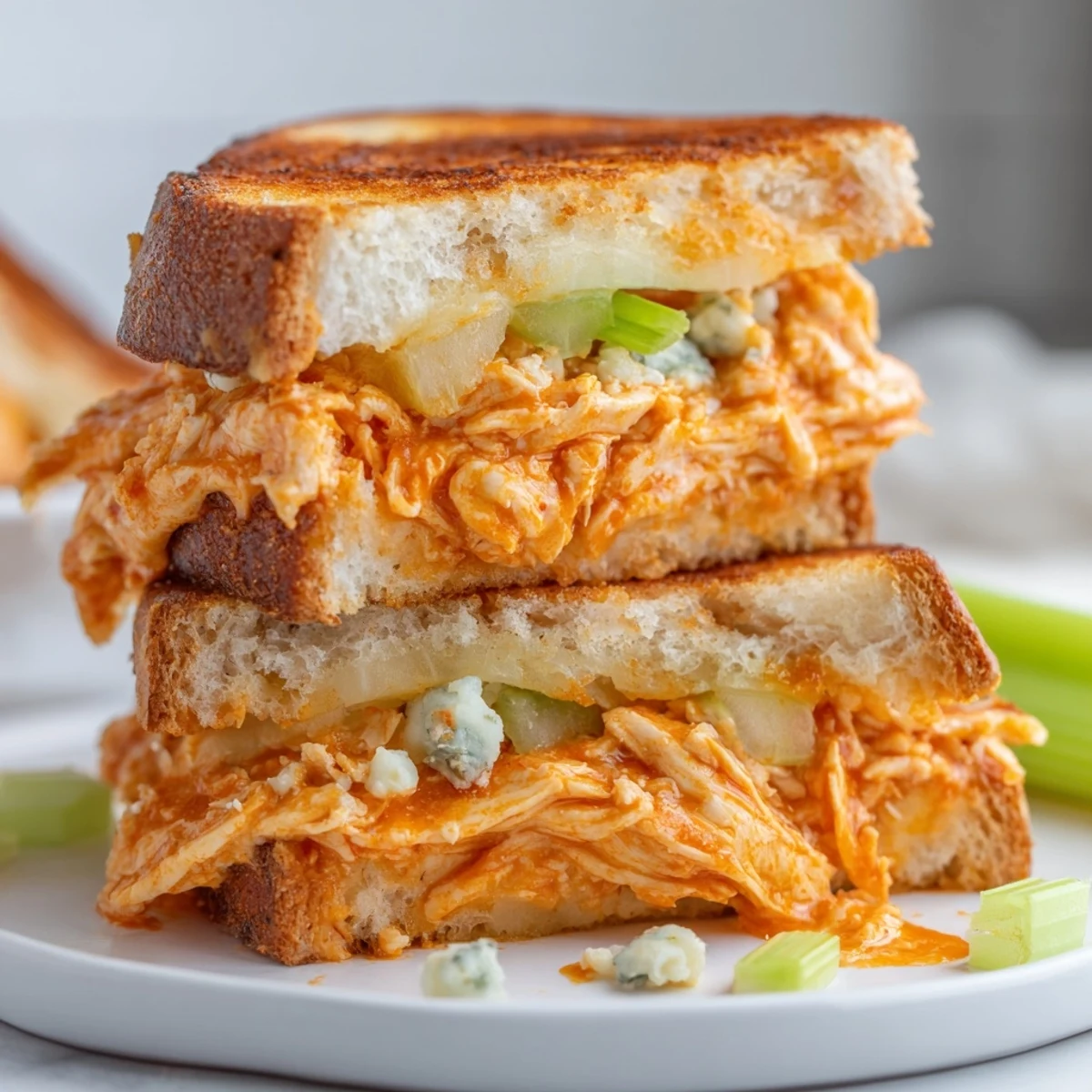 Crispy sourdough hugging a rich Buffalo Chicken Grilled Cheese, complete with melted cheese and fresh green onions.