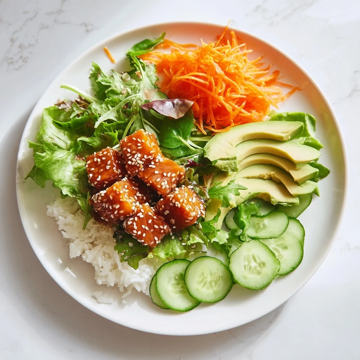 Vibrant Poke Bowl Salad with fresh salmon cubes, crisp veggies, and soy-ginger dressing.