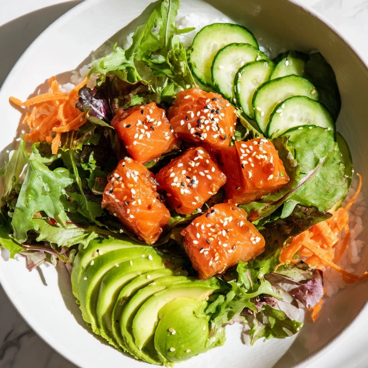 Delicious Poke Bowl Salad features marinated fish, crunchy vegetables, and sesame seeds.