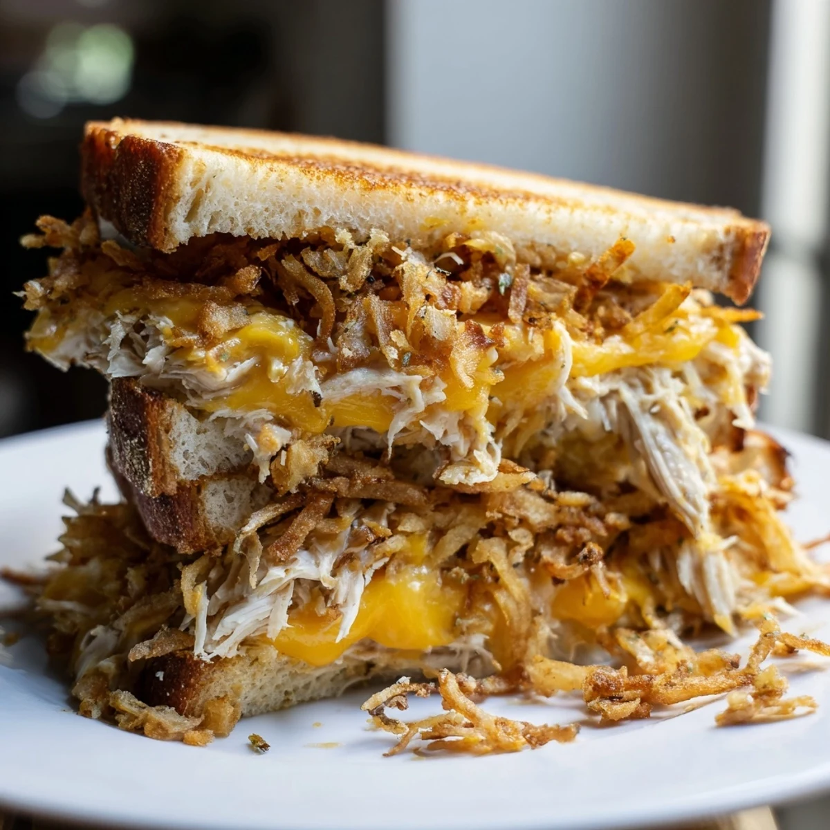Golden-brown Crispy Shallot Chicken Grilled Cheese sandwich with melted cheese, ready to be cut.