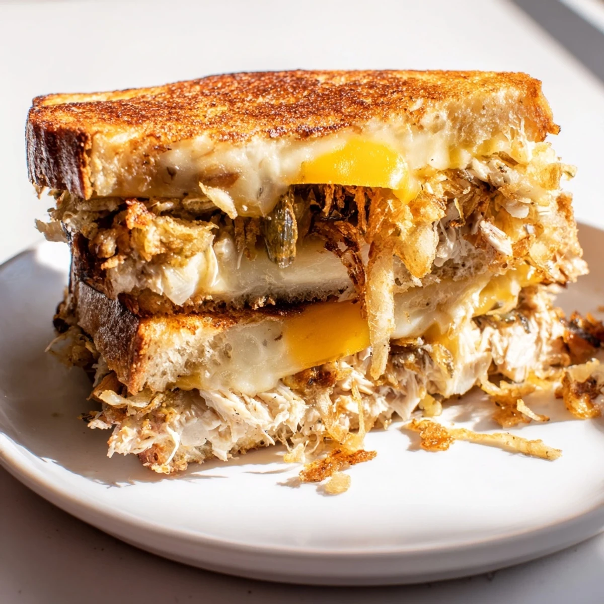 Close-up photo of the perfectly toasted Crispy Shallot Chicken Grilled Cheese with crispy edges offered.