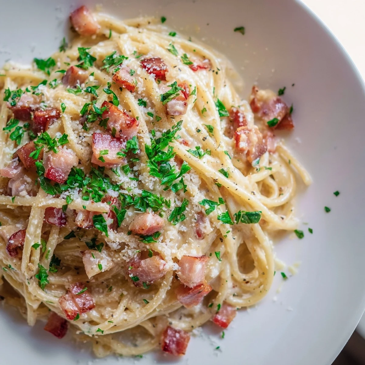 A warm bowl of creamy garlic bacon pasta ready to serve with fresh parsley sprinkled on top.