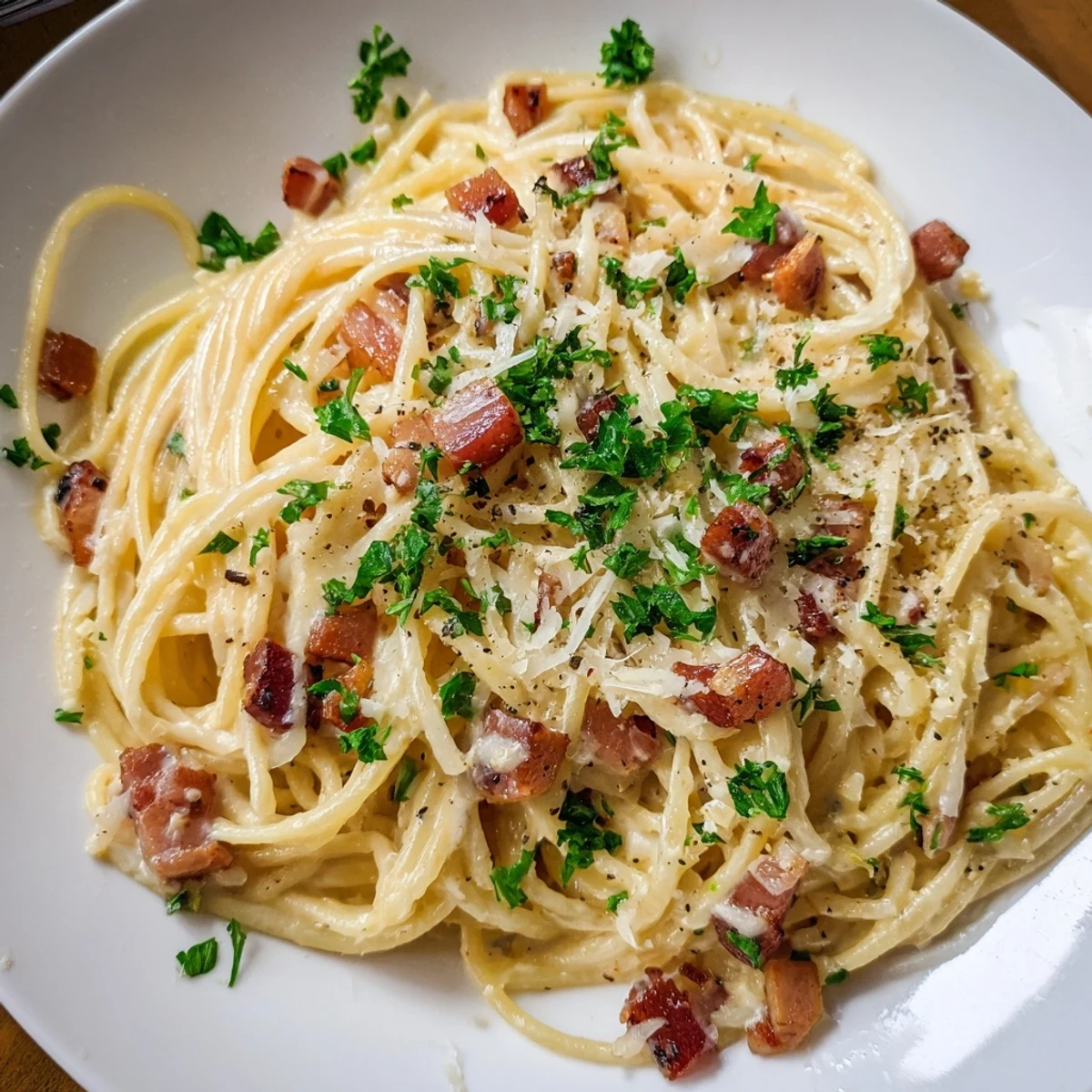 Golden, crispy bacon bits enhance this comforting creamy garlic bacon pasta, simmering in a luscious sauce.