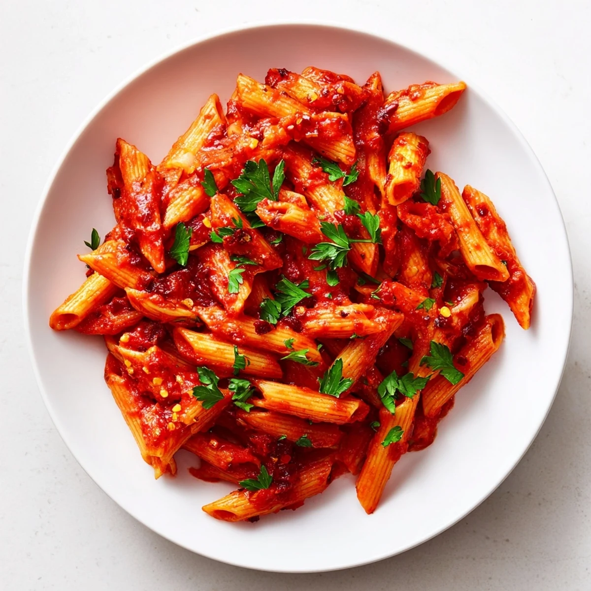 Close up of Penne all'Arrabbiata, showcasing the glossy, spicy tomato sauce and perfectly cooked penne.
