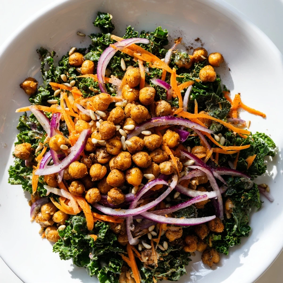 Brightly colored kale salad with roasted chickpeas, featuring crunchy chickpeas and a zesty dressing.
