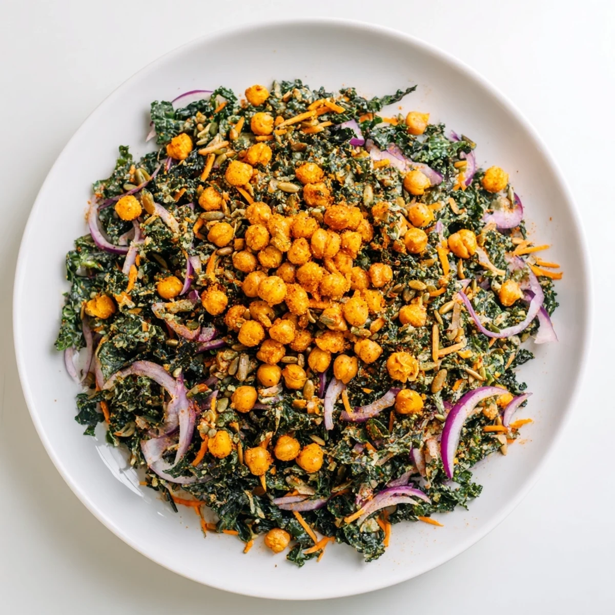 A colorful bowl filled with fresh kale salad with roasted chickpeas, perfect for a vegan lunch.