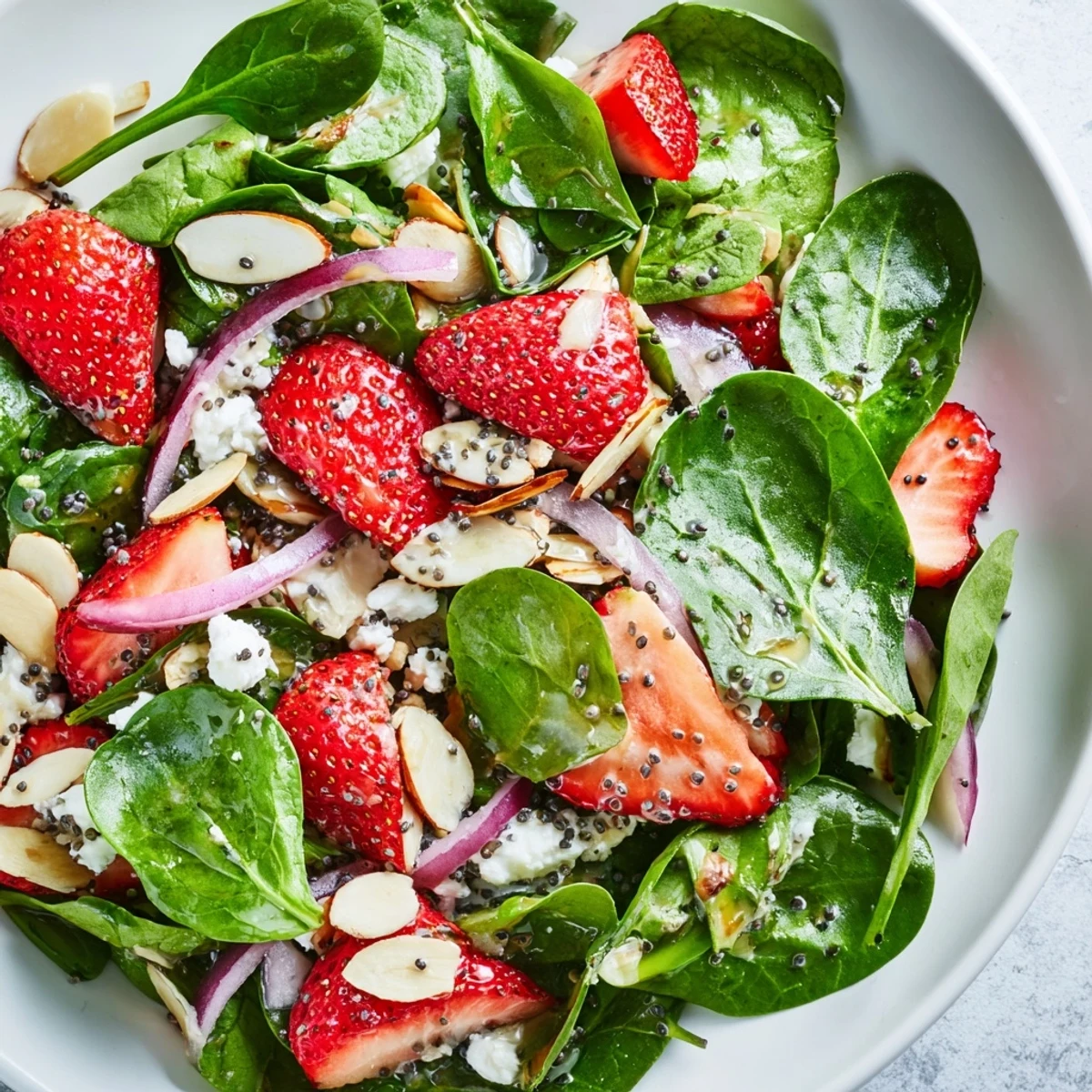 Fresh Spinach Strawberry Salad brimming with juicy red strawberries and a poppy seed dressing.