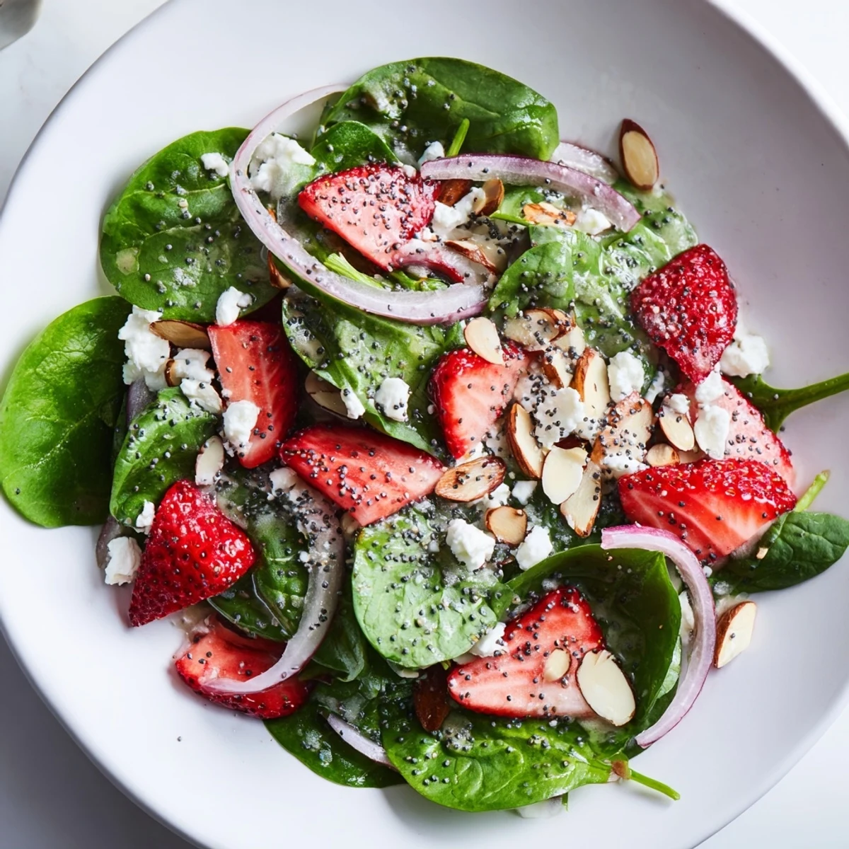A colorful close-up of Spinach Strawberry Salad with glistening dressing, ready to enjoy.