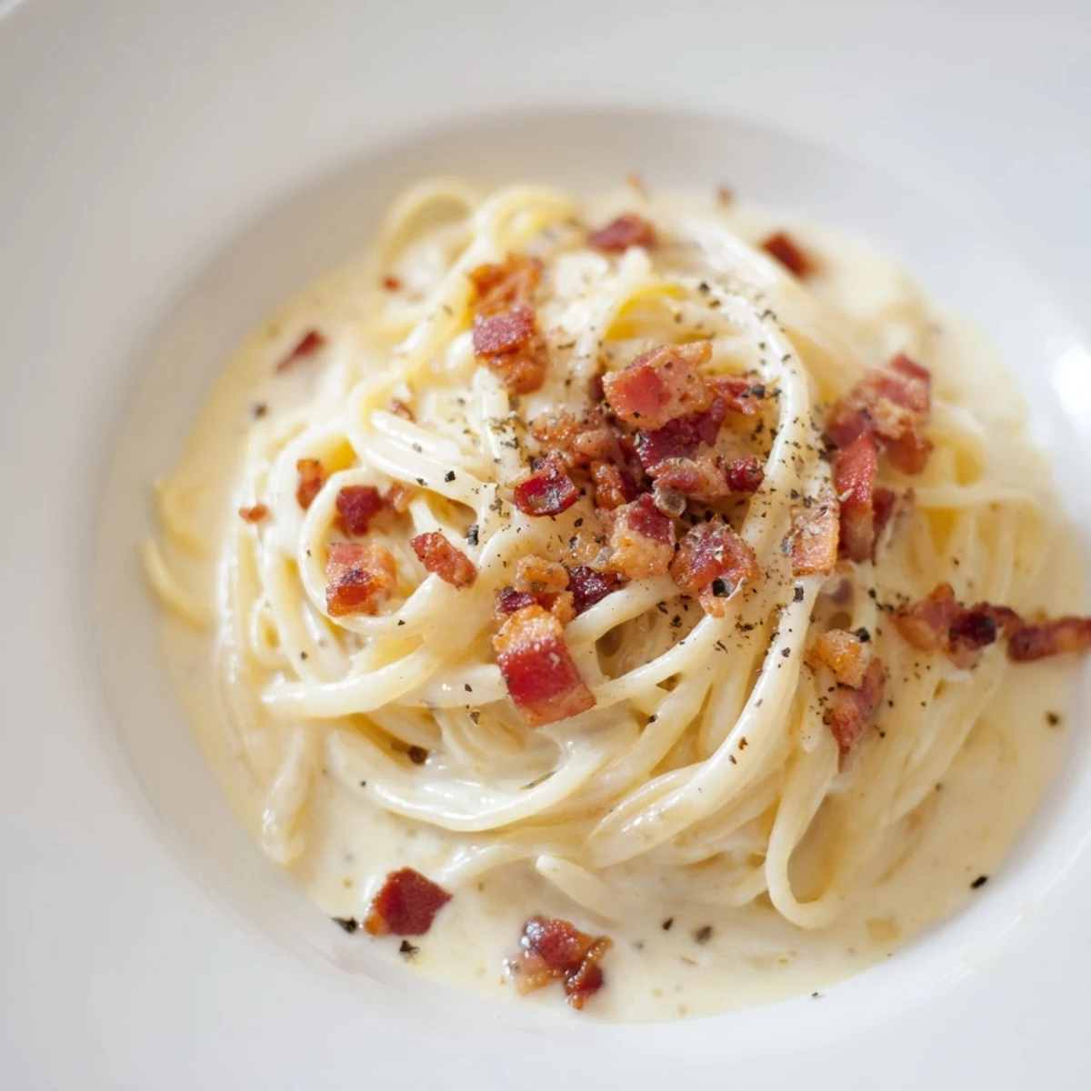 Close-up of freshly made Express Spaghetti Carbonara, showing perfectly cooked pasta coated in a rich egg and Parmesan sauce.