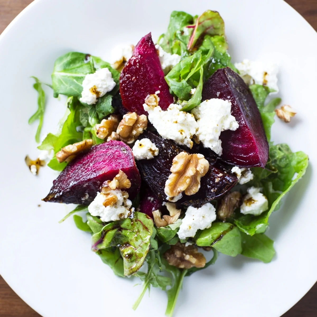 Vibrant beet and goat cheese salad with roasted beets and creamy crumbled goat cheese.