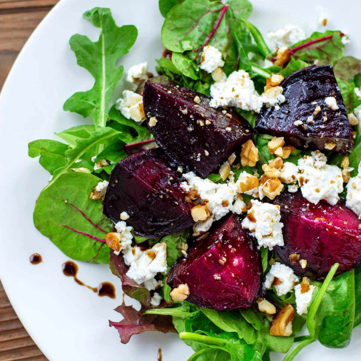 Colorful beet and goat cheese salad, drizzled with tangy balsamic vinaigrette for a fresh bite.