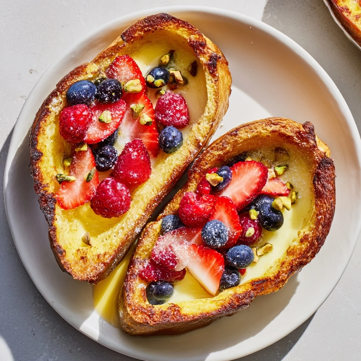 Golden-brown Custard Toast, baked to perfection with fresh berries and a honey drizzle.