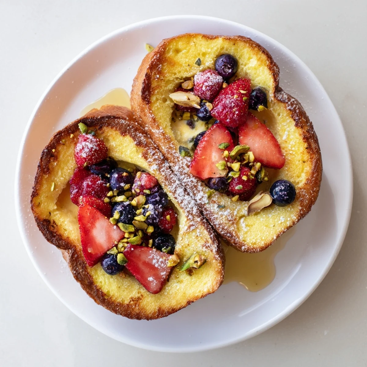 Thick slices of Custard Toast, soft in the center, topped with a mix of fresh, colorful fruit.