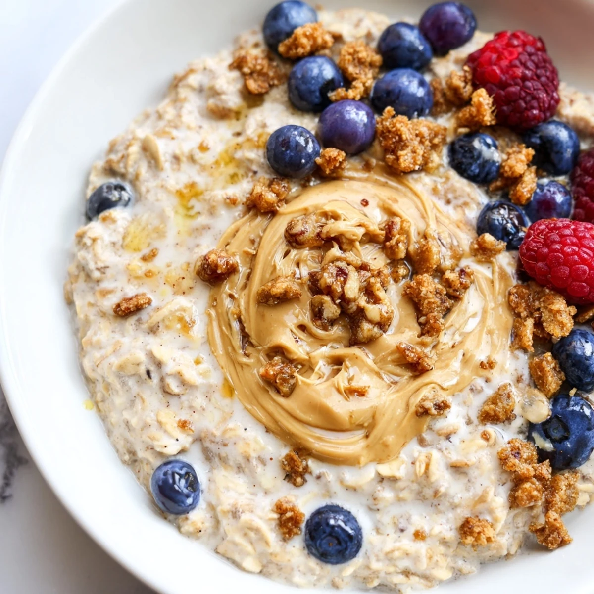 Creamy overnight oats gourmet makeover with visible streaks of almond butter swirled into a breakfast bowl.