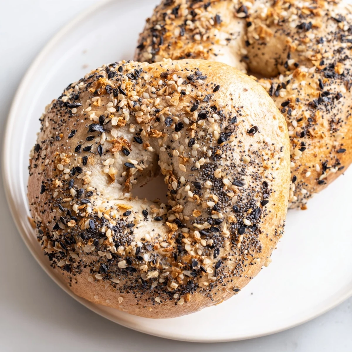 Golden-brown Everything Bagel Yogurt Bagels, fresh from the oven, topped with savory, crunchy seasoning.