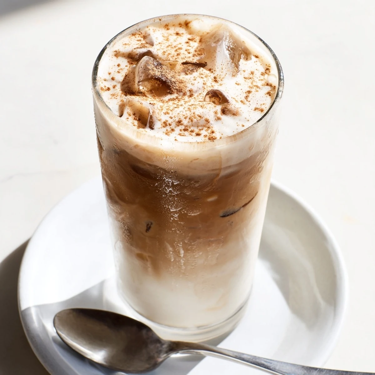 A Proffee Power Blend, a chilled coffee beverage, sits garnished with cocoa for an energizing start.