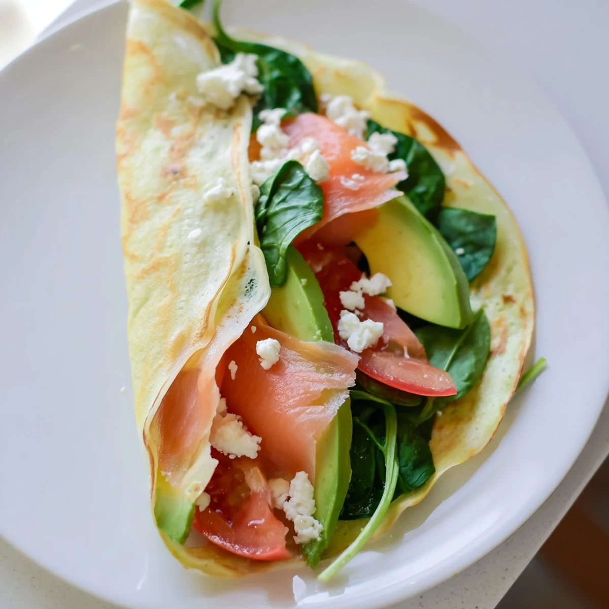 Golden-brown Blender-Egg Crepe Wrap, filled with savory ingredients, ready for a delicious breakfast.