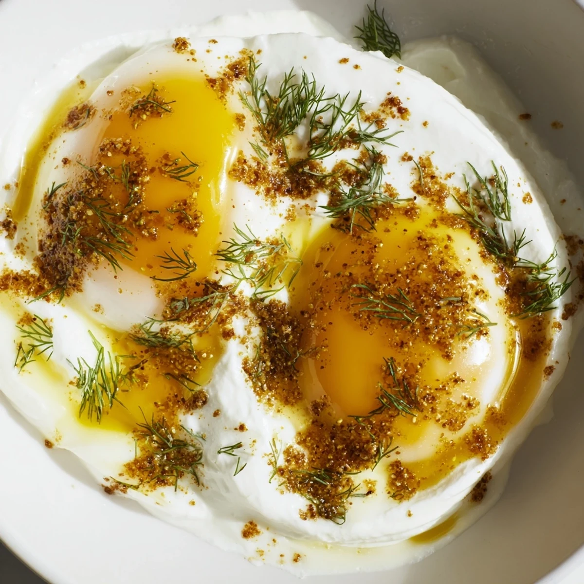 A vibrant close-up of Cilbir: rich, spiced butter over creamy yogurt and perfectly poached eggs.