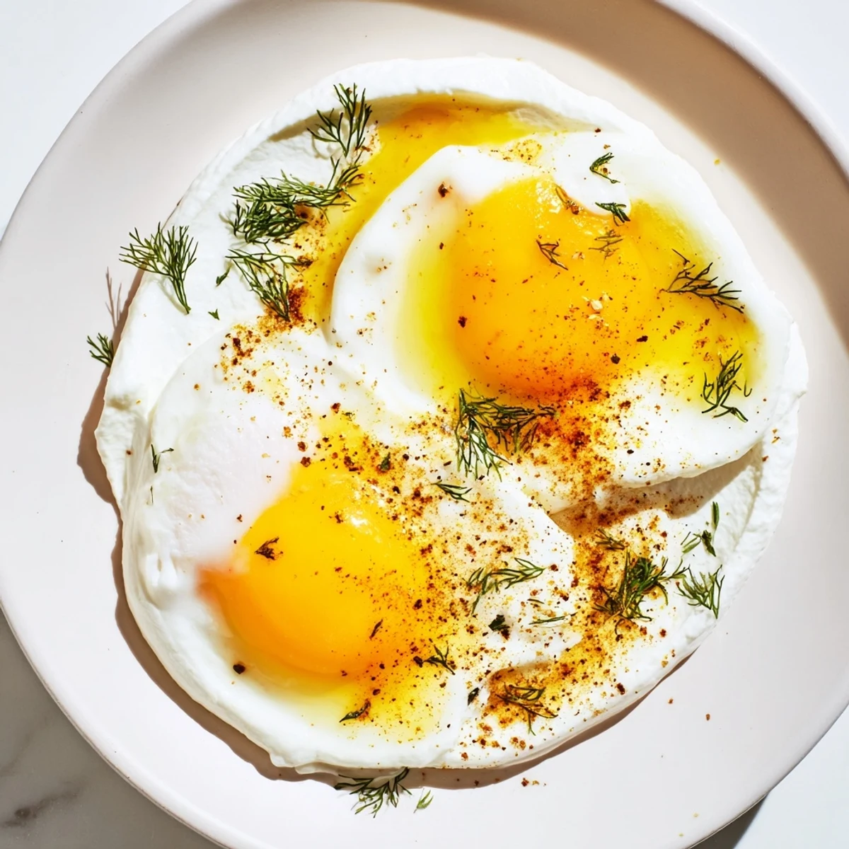 Silky poached eggs swimming in garlicky yogurt, finished with spiced brown butter, a Cilbir delight.