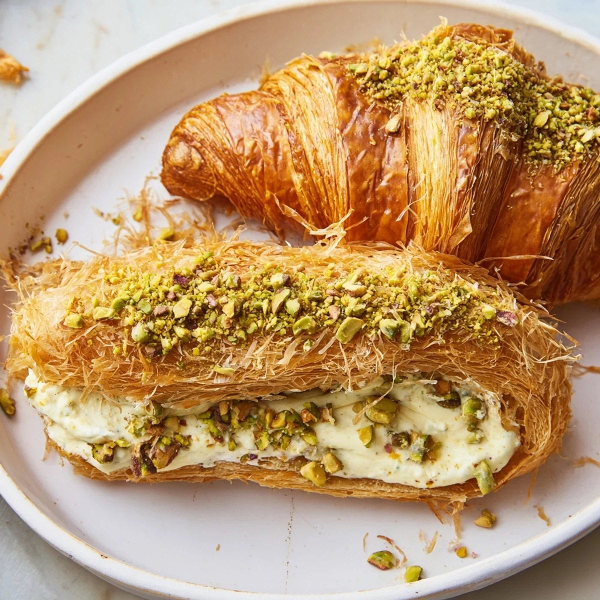 Golden, flaky Pistachio Cream Croissants, with creamy filling and crispy phyllo topping, ready to eat.