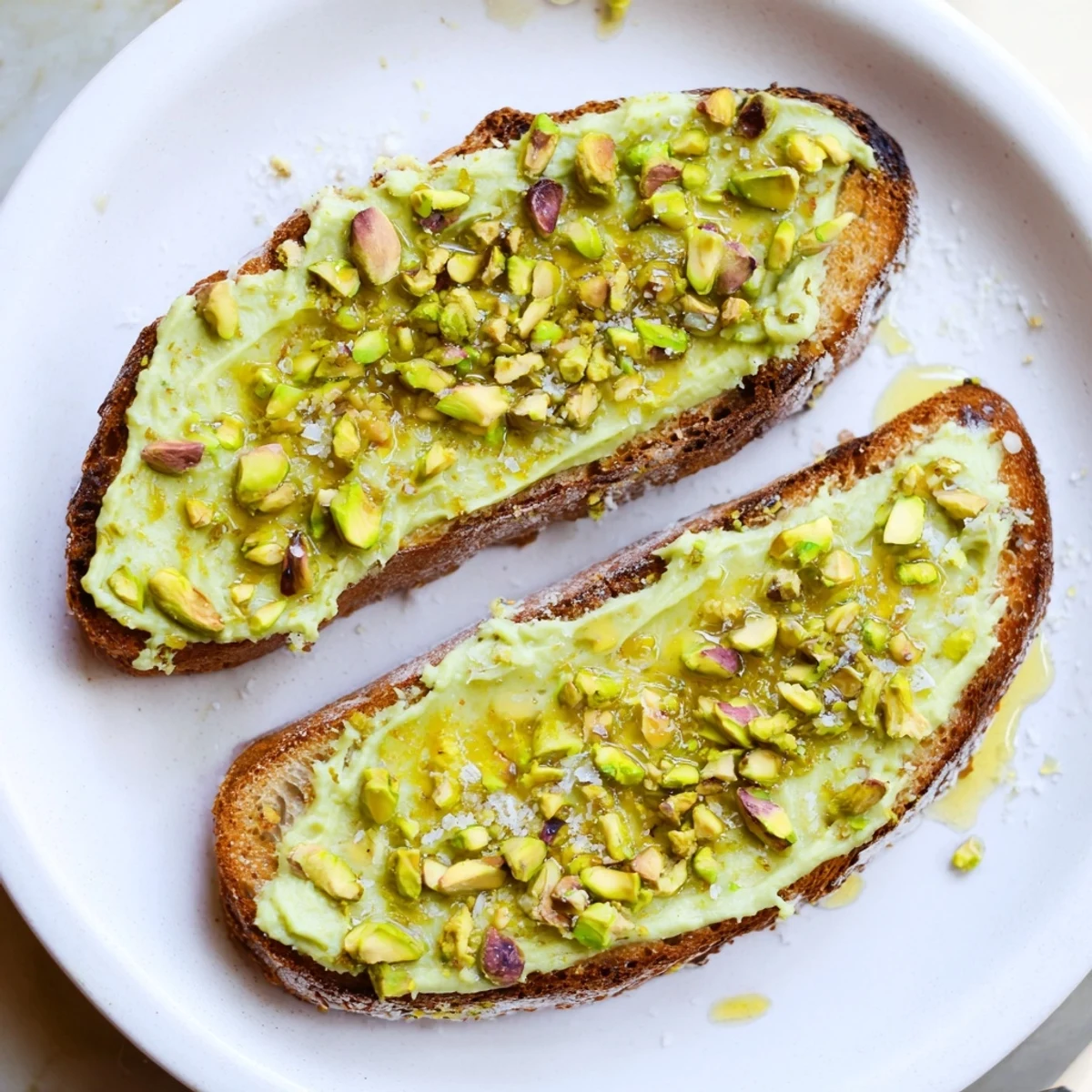 Warm, golden Pistachio Butter Toast topped with glistening honey and crunchy, chopped pistachios.