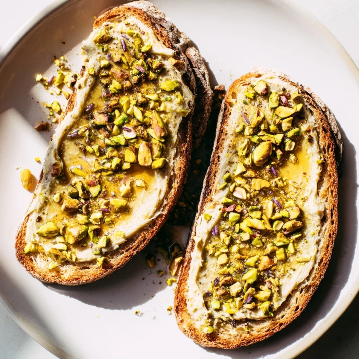 Crispy sourdough slices hosting creamy pistachio butter—a beautiful, simple Pistachio Butter Toast breakfast.
