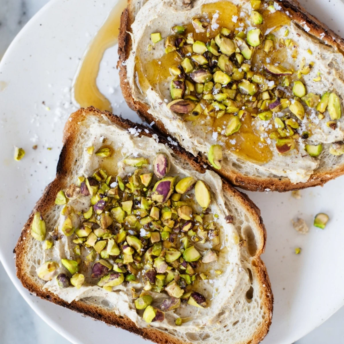 Imagine vibrant green Pistachio Butter Toast, drizzled with honey and sprinkled with sea salt for a delightful treat.