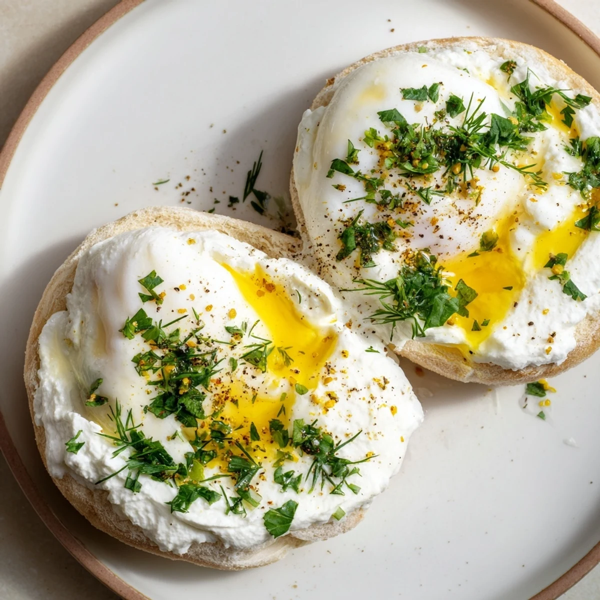 Savory Çılbır Eggs Benedict sit atop a toasted muffin, drizzled with spiced butter and fresh herbs.