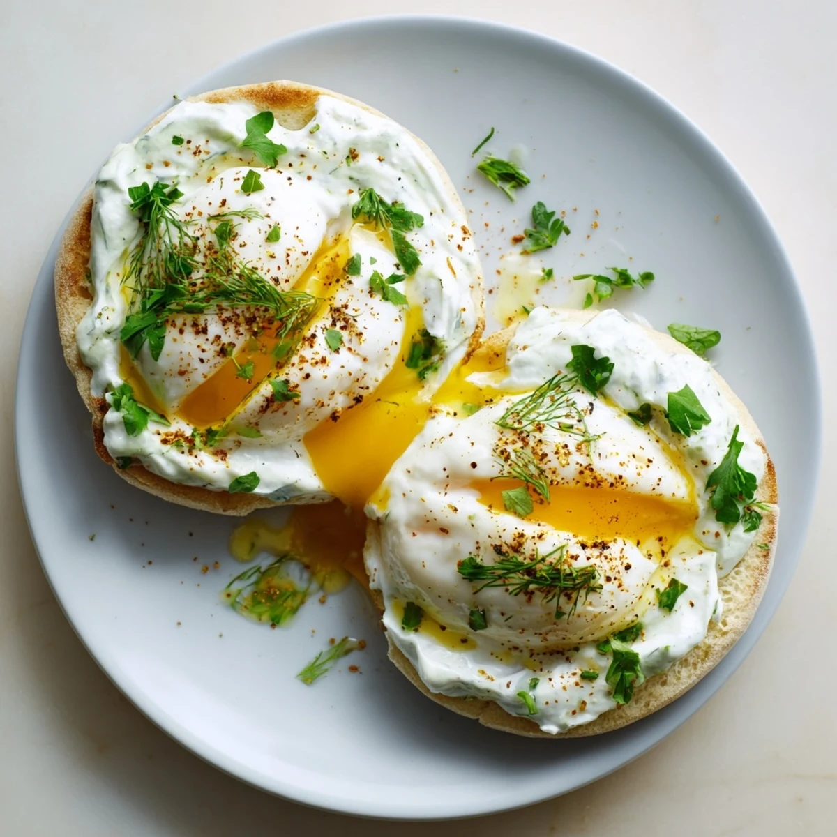 Vibrant photo shows the creamy yogurt base with golden poached eggs in the Çılbır Eggs Benedict recipe.