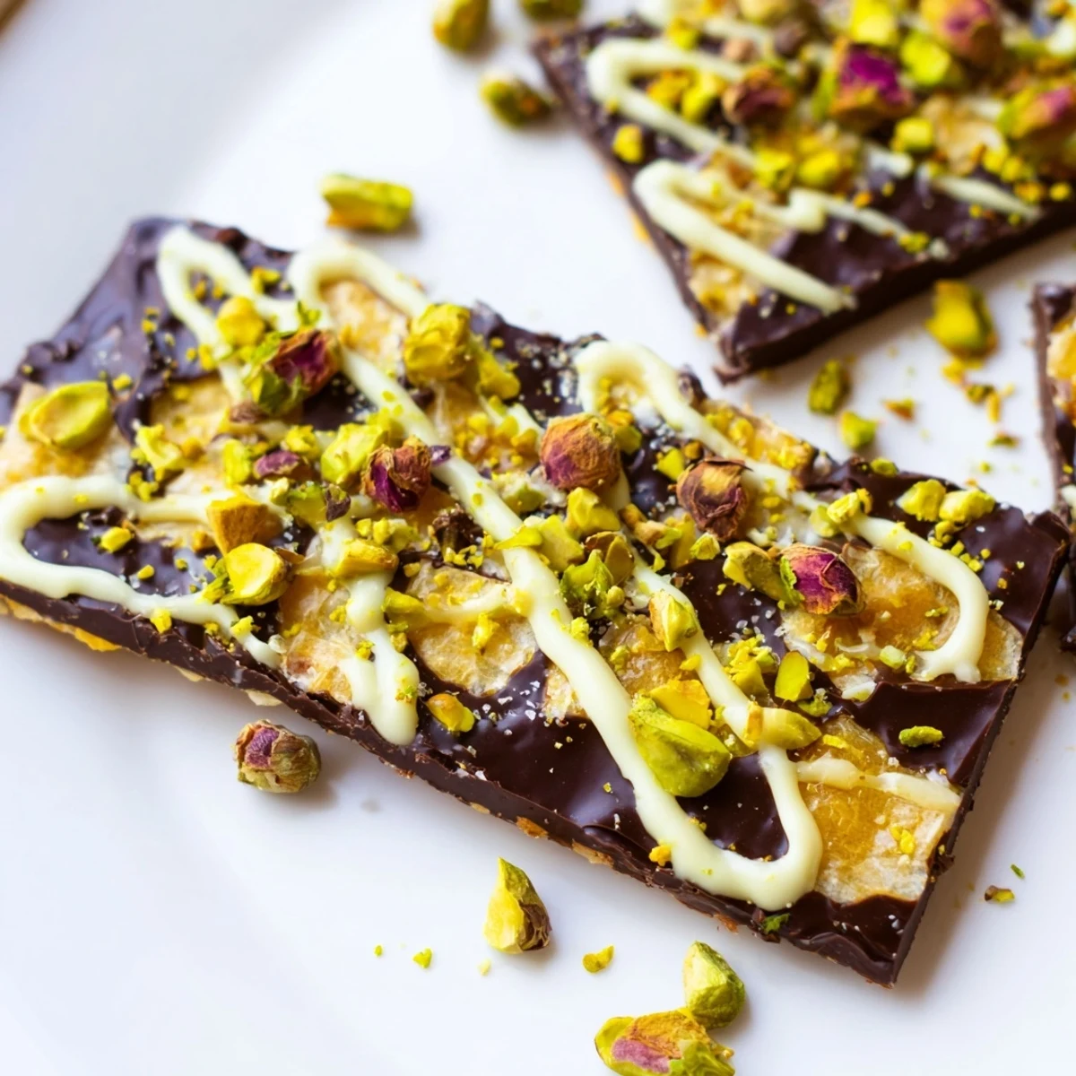 Dubai Pistachio Chocolate Bark, a stunning dessert with layers of dark chocolate and flaky pastry.