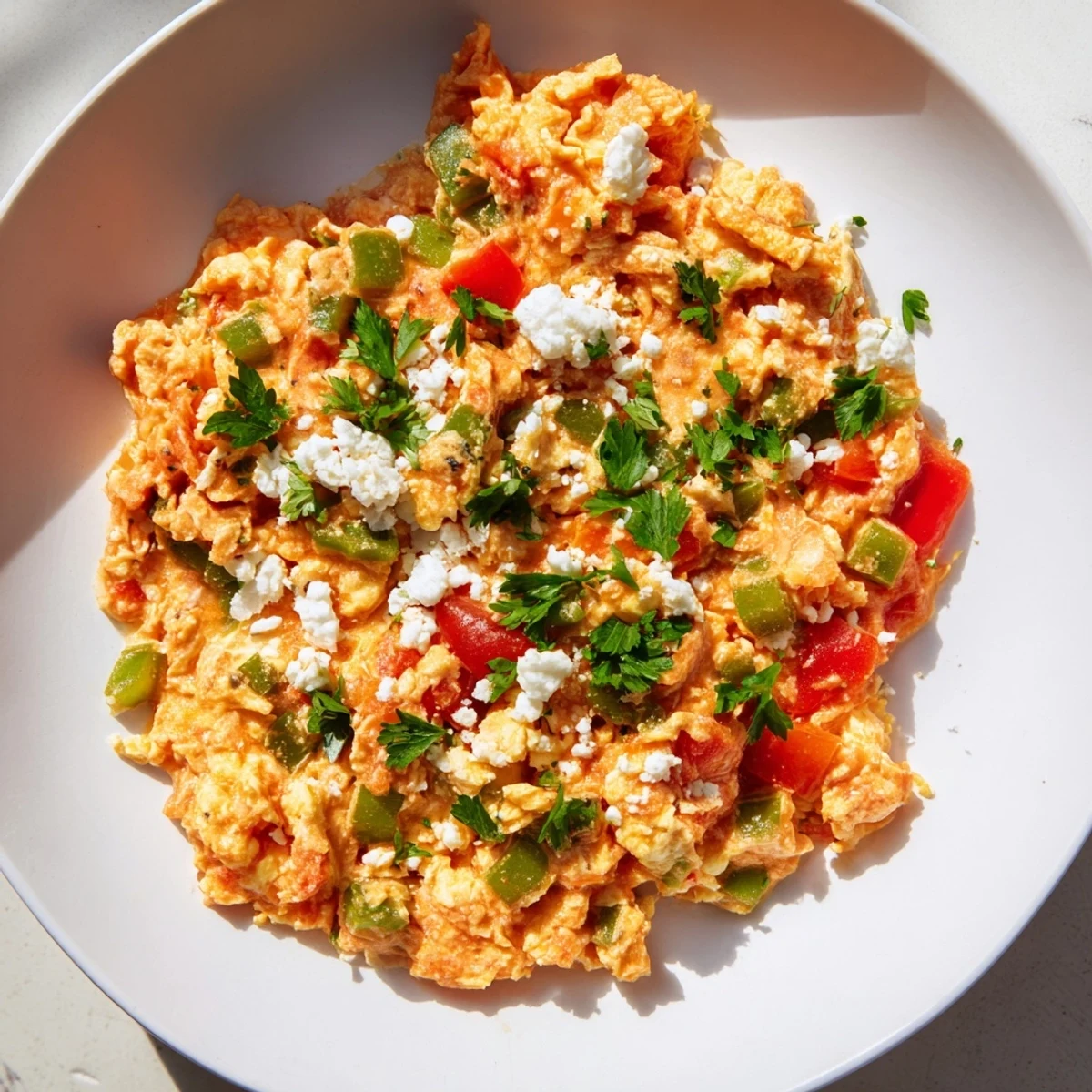 Savory Turkish Menemen Scramble with fluffy eggs, tomatoes, peppers, warm and ready to eat.