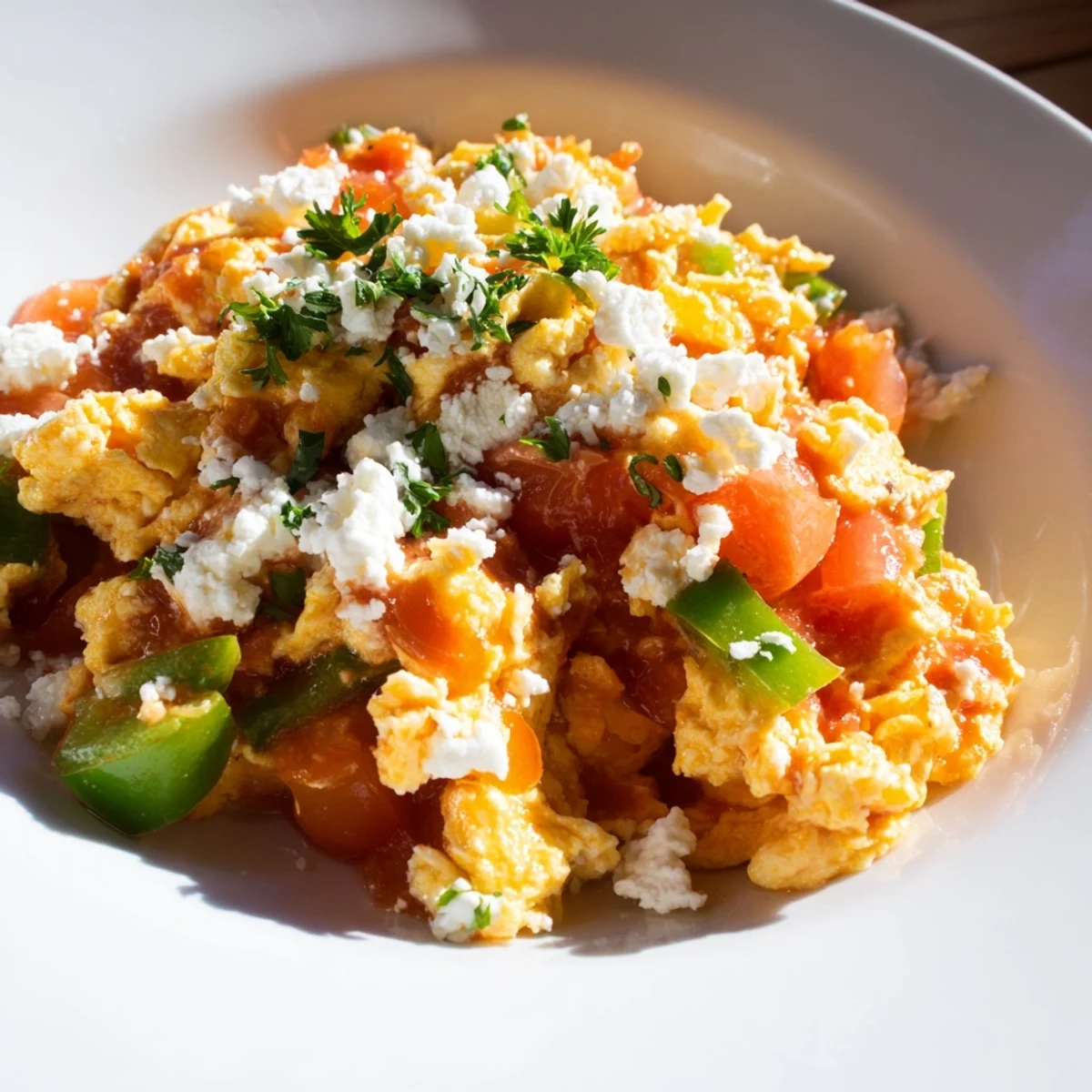 A vibrant close-up showcases flavorful Turkish Menemen, perfect for a delicious vegetarian brunch.