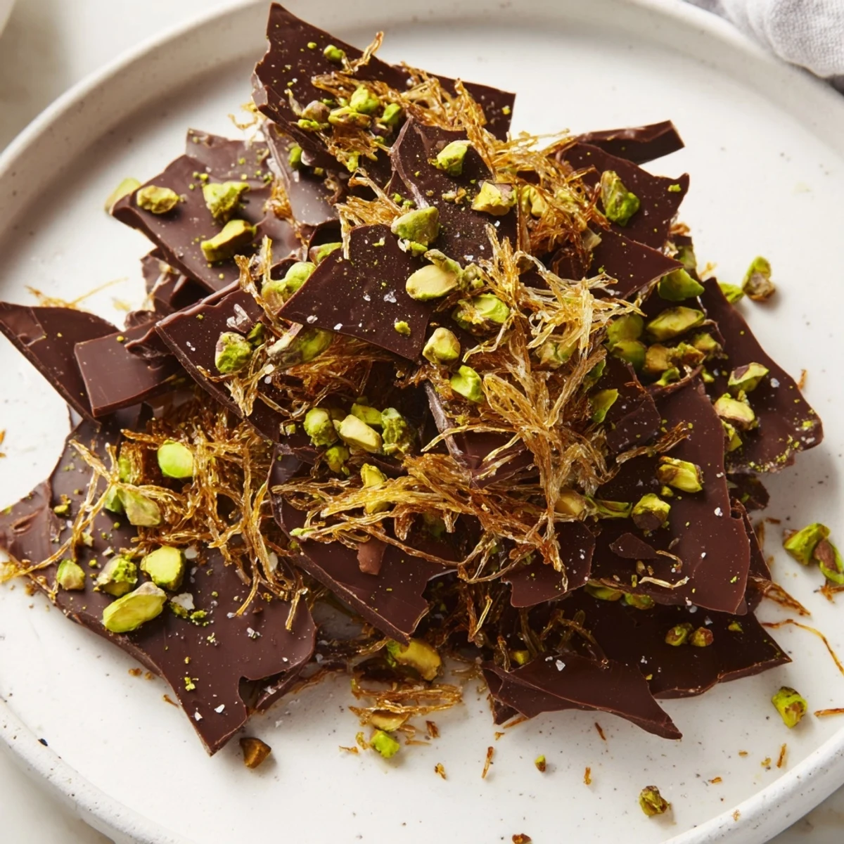 Golden Kataifi Chocolate Crunch Bark, a delightful dessert with crispy phyllo and rich, dark chocolate.