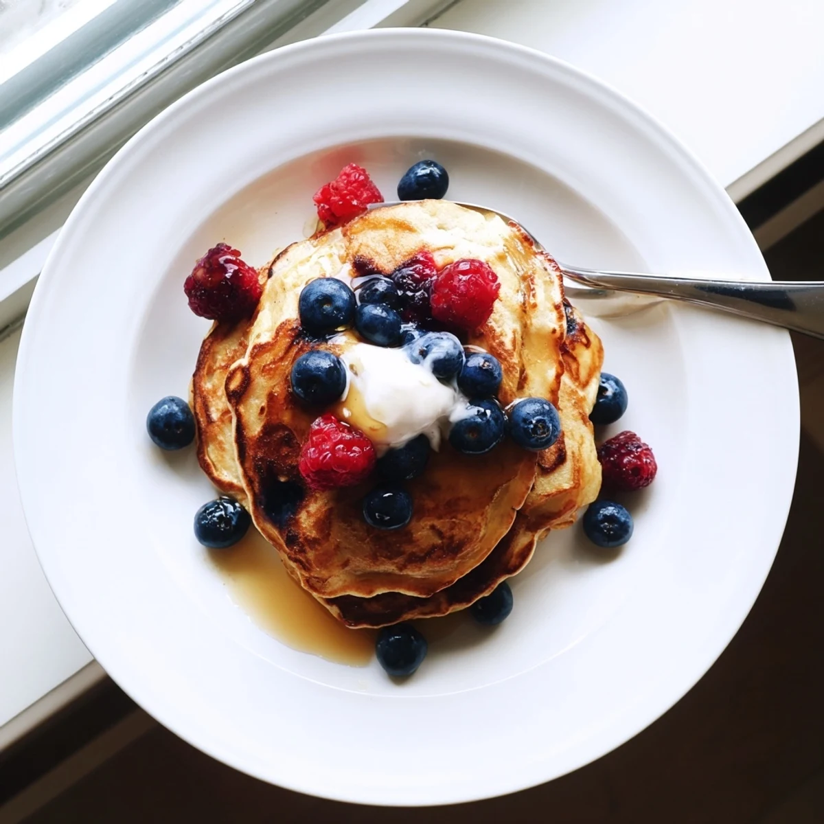Cottage cheese pancakes on a white plate with a side of fruit, showcasing their thick, cake-like texture for a healthy start.