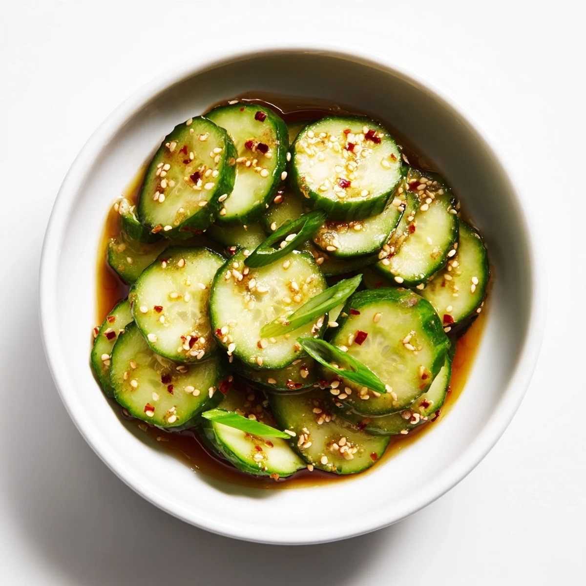 Freshly shaken Shake Shake Garlic Cucumbers served in a white bowl, topped with green onions and sesame seeds for extra crunch.