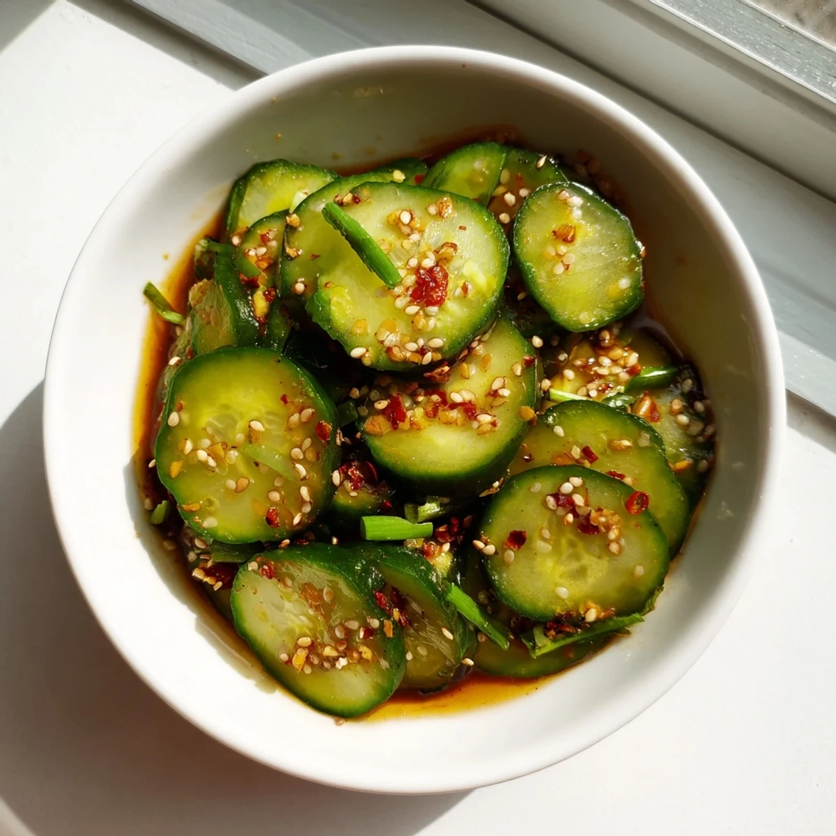 Crisp cucumber slices tossed with garlic, soy sauce, and sesame oil in a jar, glistening with chili flakes for a gentle kick.