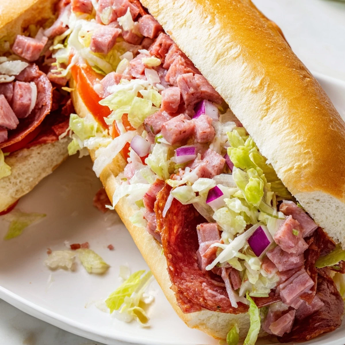 A close-up of a chopped Italian grinder sandwich on a toasted hoagie roll, packed with diced salami, pepperoni, provolone, and crisp lettuce.