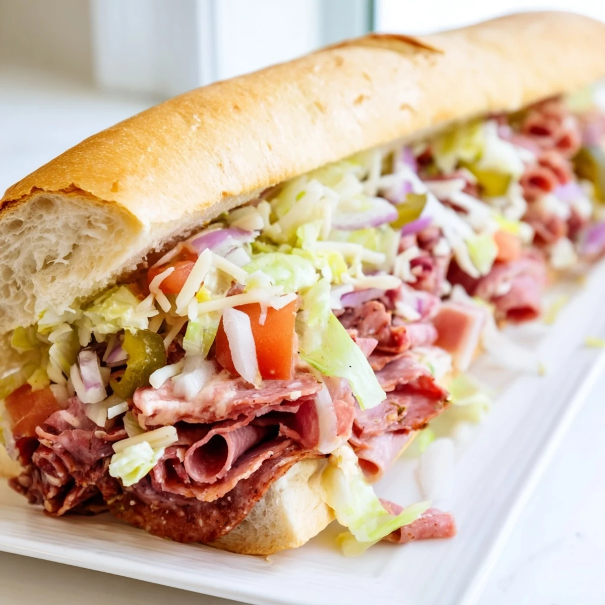 An open-faced chopped Italian grinder sandwich showcasing chopped salami, pepperoni, provolone, lettuce, tomato, and red onion on a crispy toasted hoagie roll.