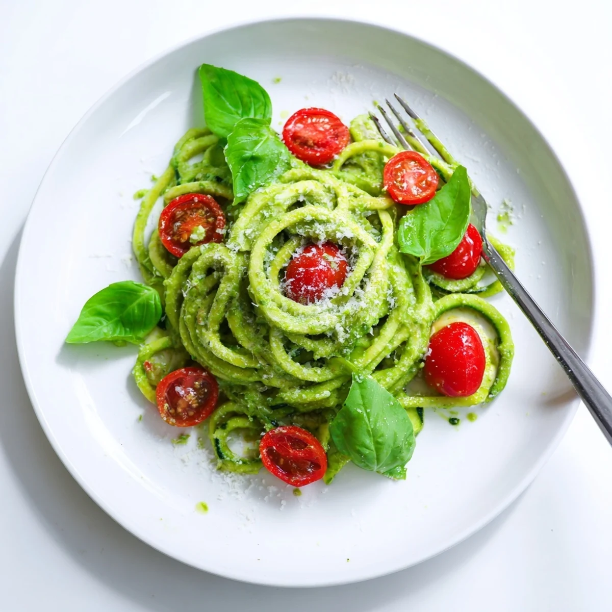 Creamy avocado pesto clings to tender zucchini noodles, garnished with juicy cherry tomatoes for a vibrant vegetarian main dish.  