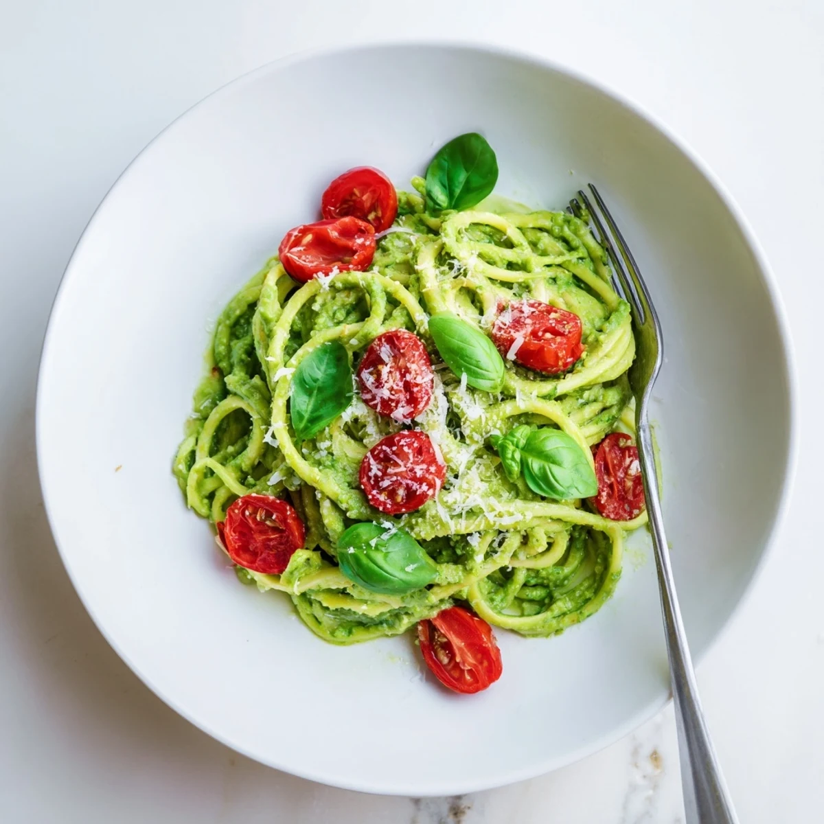 Low-carb zoodles tossed in bright green pesto, topped with halved cherry tomatoes and a sprinkle of Parmesan.