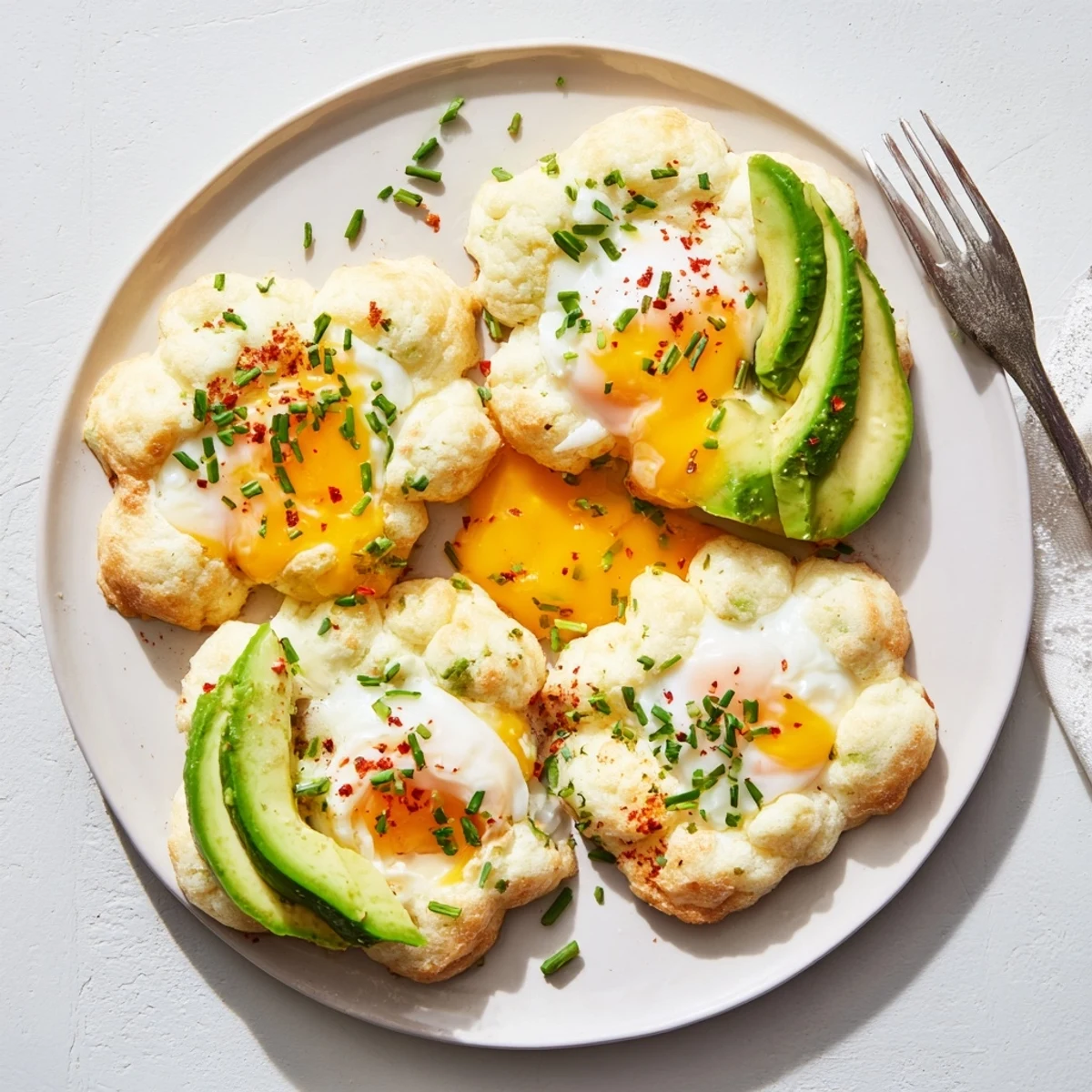 Golden-baked Cloud Bread Breakfast Clouds topped with ripe avocado and a runny poached egg, garnished with fresh chives and red pepper flakes.