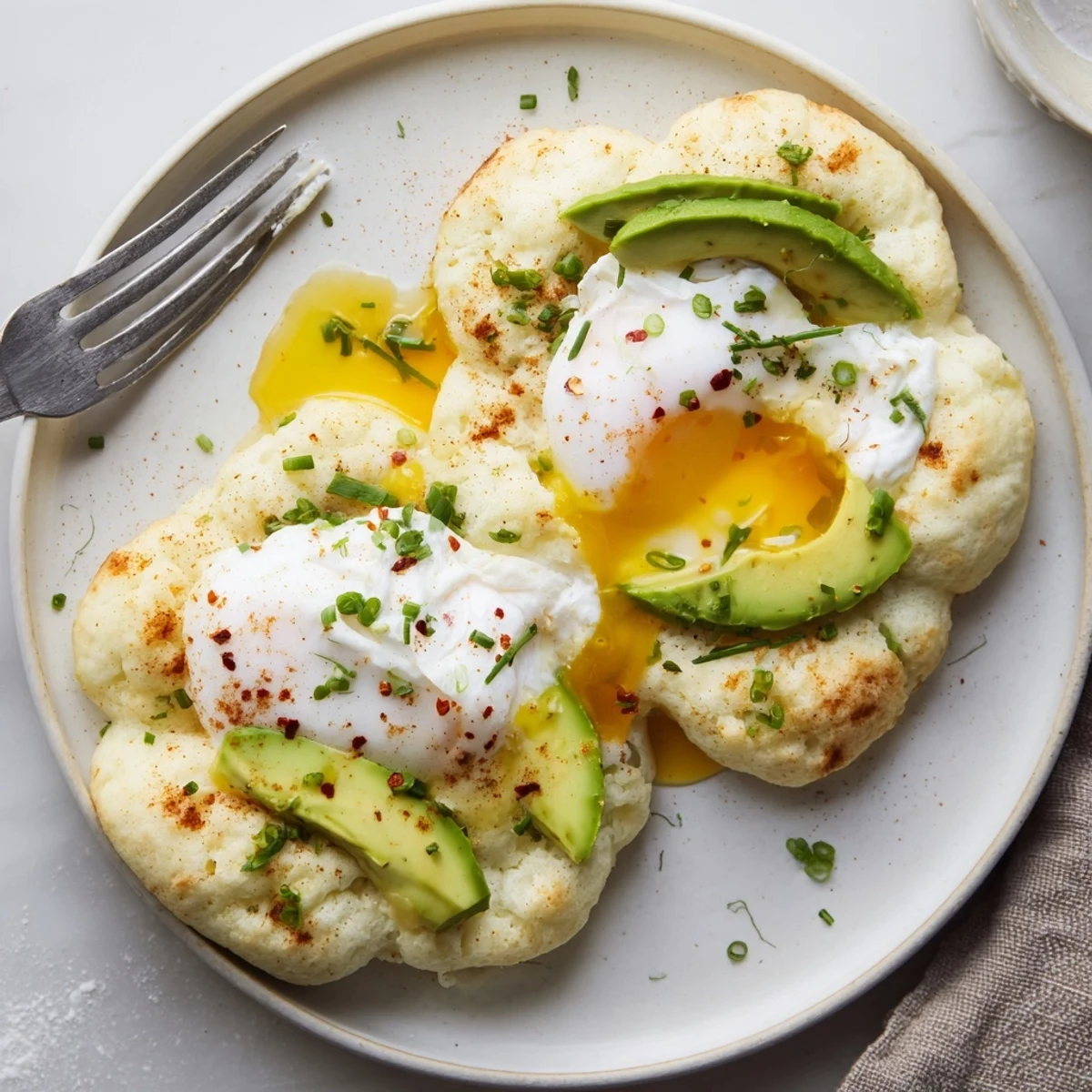 A high-protein serving of Cloud Bread Breakfast Clouds, featuring fluffy egg white clouds, smooth avocado, and a delicate poached egg on a plate.