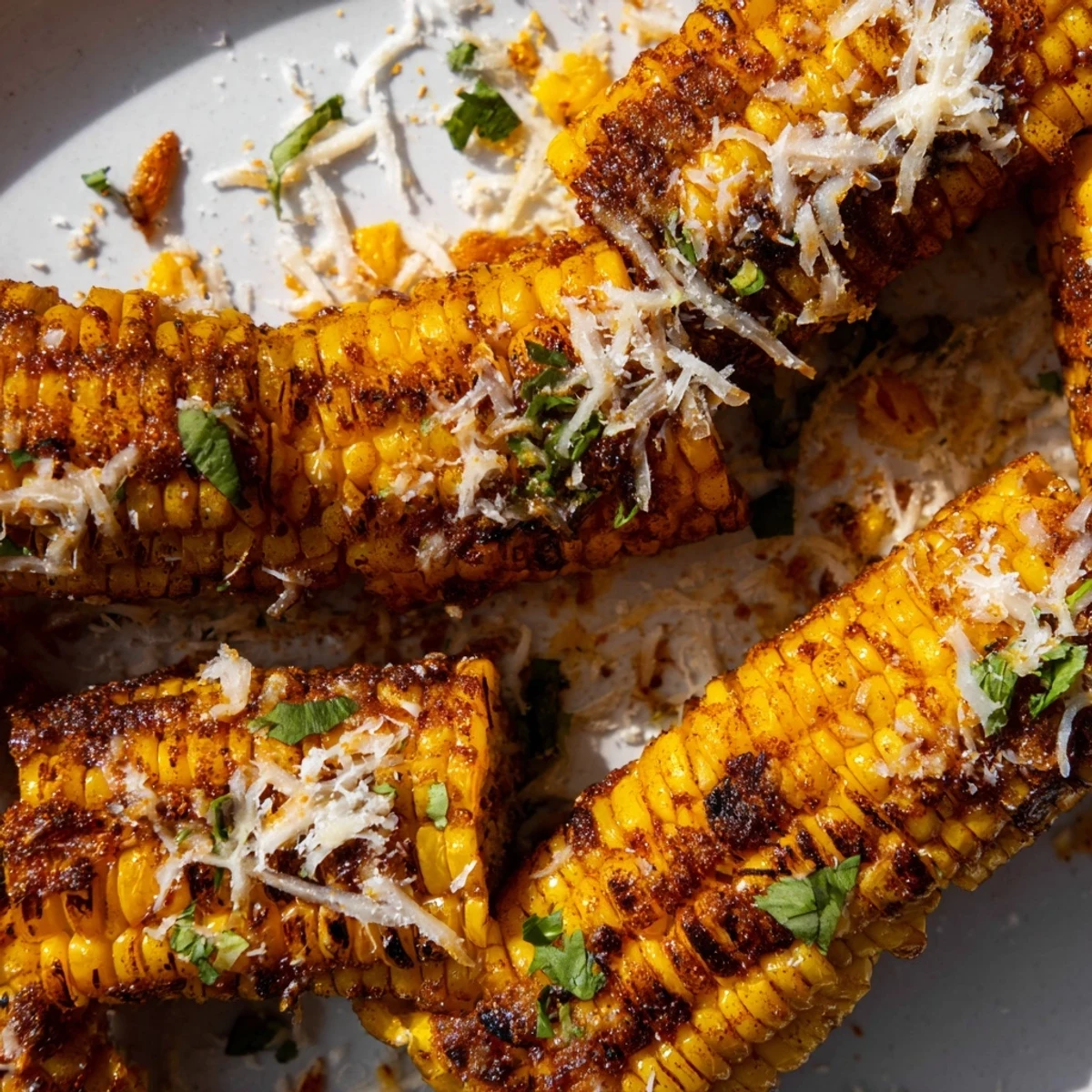 Spiced, oven-baked Cheesy Corn Ribs with golden edges, piled high and finished with a squeeze of lime and cilantro.
