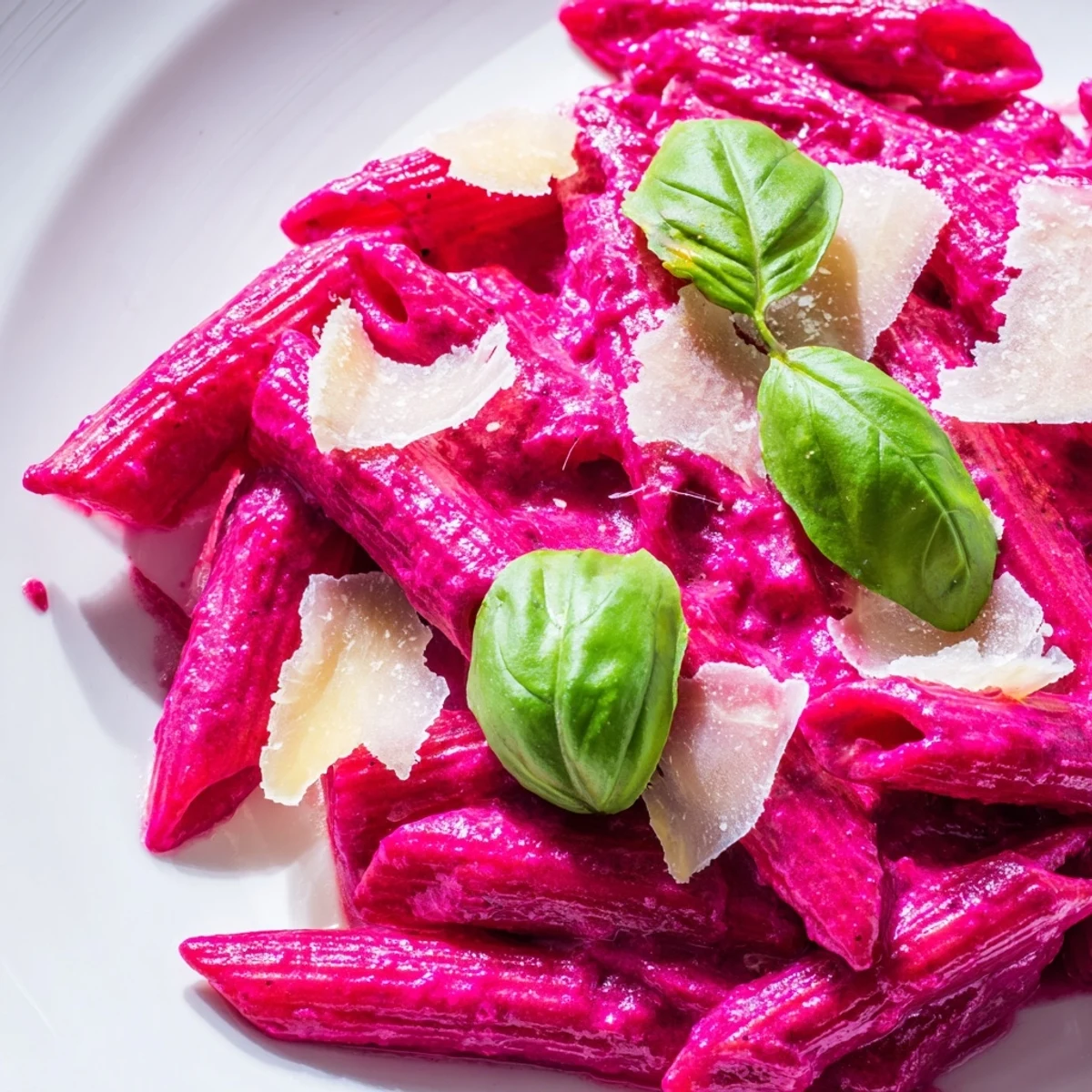 Close-up of creamy pink pasta with beetroot sauce, garnished with fresh basil and grated Parmesan.  