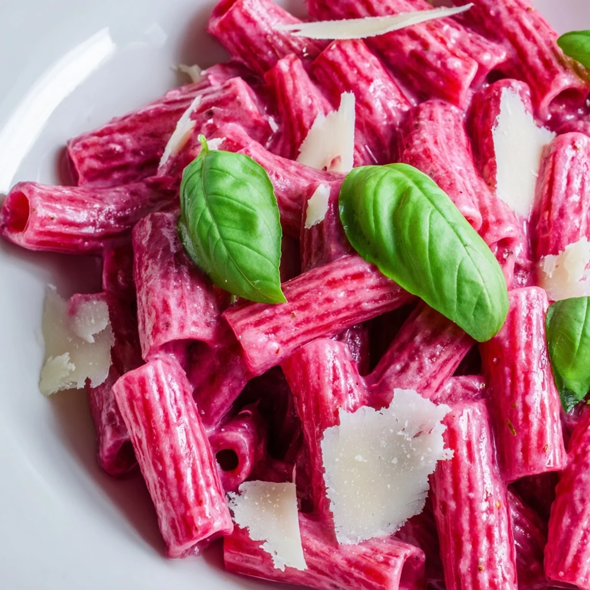 Steaming plate of Pink Pasta with Beet Cream, paired with a crisp white wine and crusty bread.