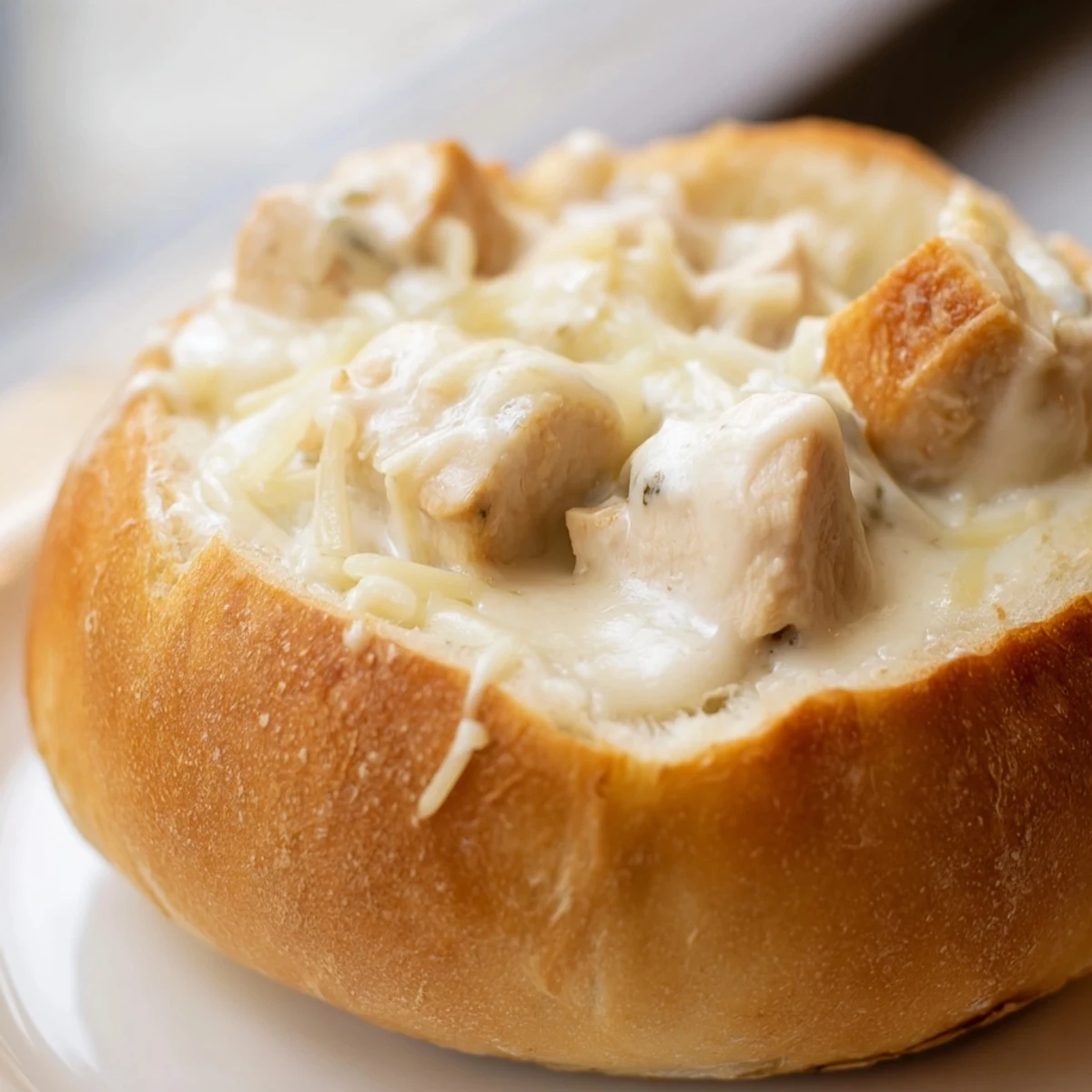 A golden-brown bread bowl holds a creamy, luscious Chicken Alfredo filling, topped with melted Parmesan for a comforting, hearty meal.