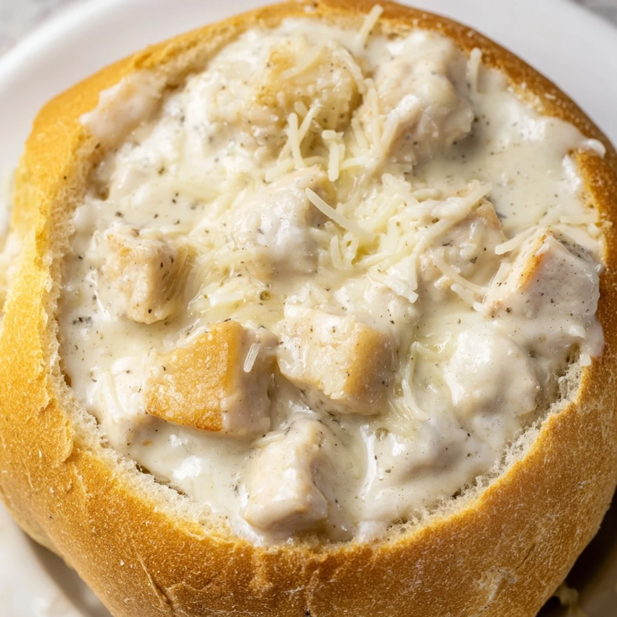 Savory diced chicken tossed in a rich Alfredo sauce fills a warm, crusty bread bowl, ready to be enjoyed as a cozy main dish.