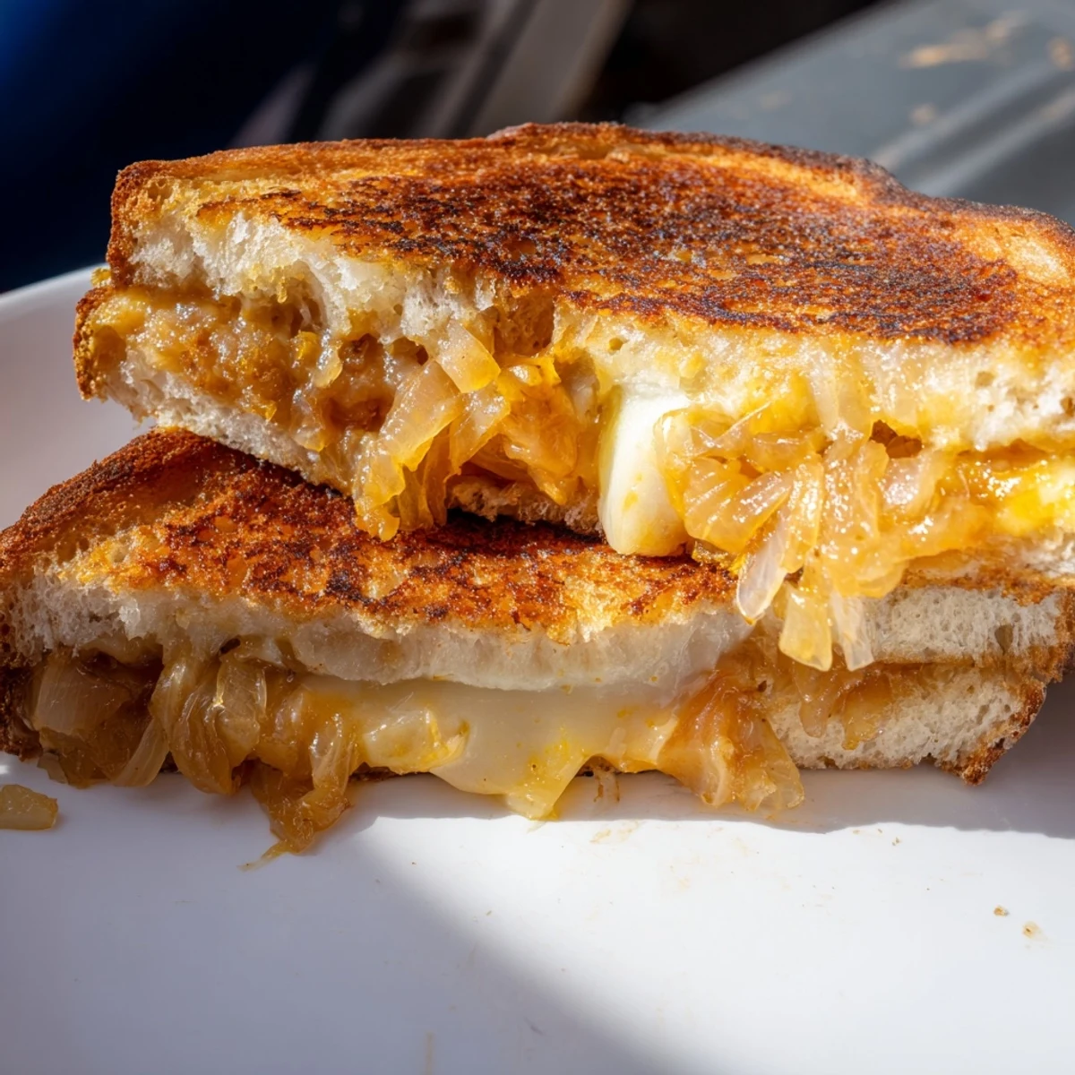 Perfectly golden, buttery sourdough sandwiches stuffed with sweet, jammy caramelized onions and melted sharp white cheddar cheese.